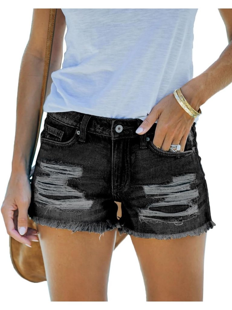 Women's Black Mid Rise Ripped Stretchy Jeans Shorts Frayed Raw Hem Casual Shorts
